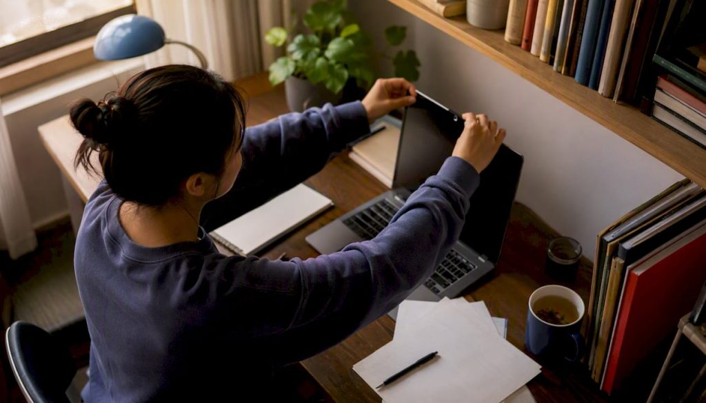 Student setting up laptop webcam for online English test