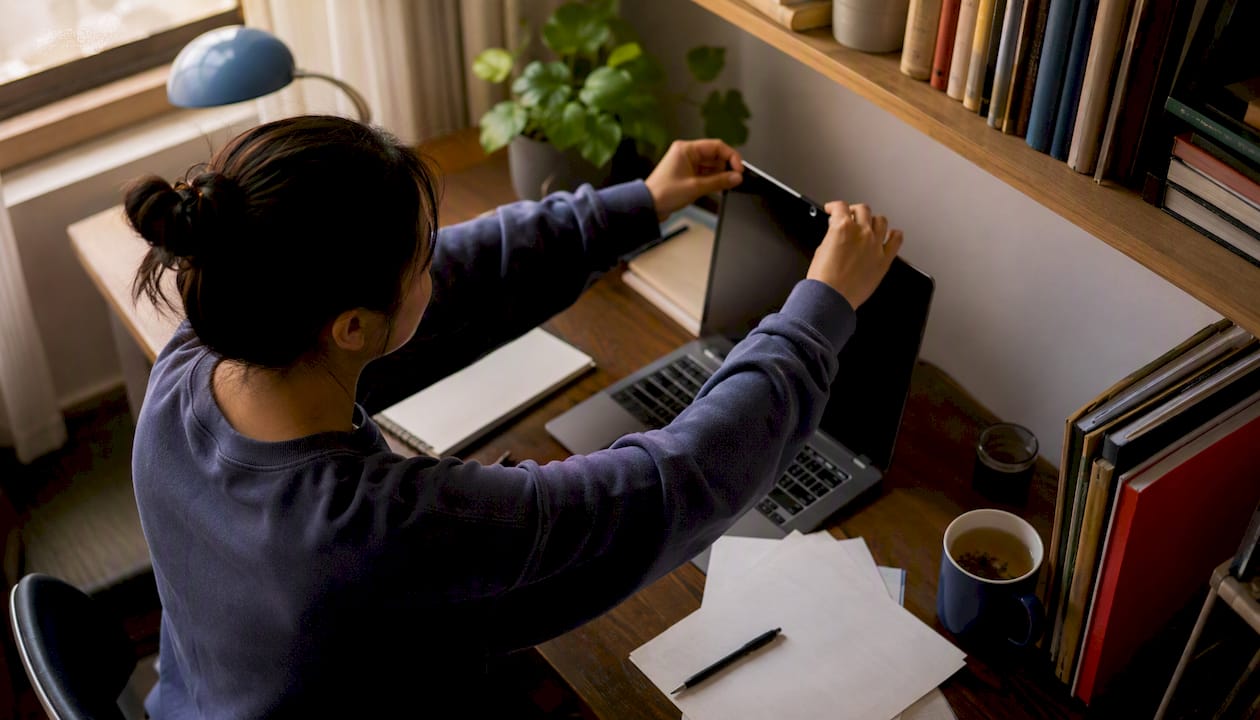 Student setting up laptop webcam for online English test
