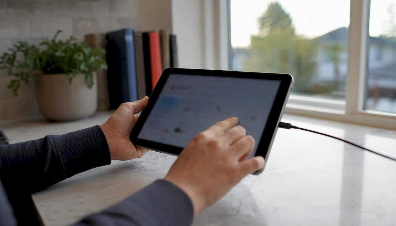 Hands interacting with tablet for visa payment