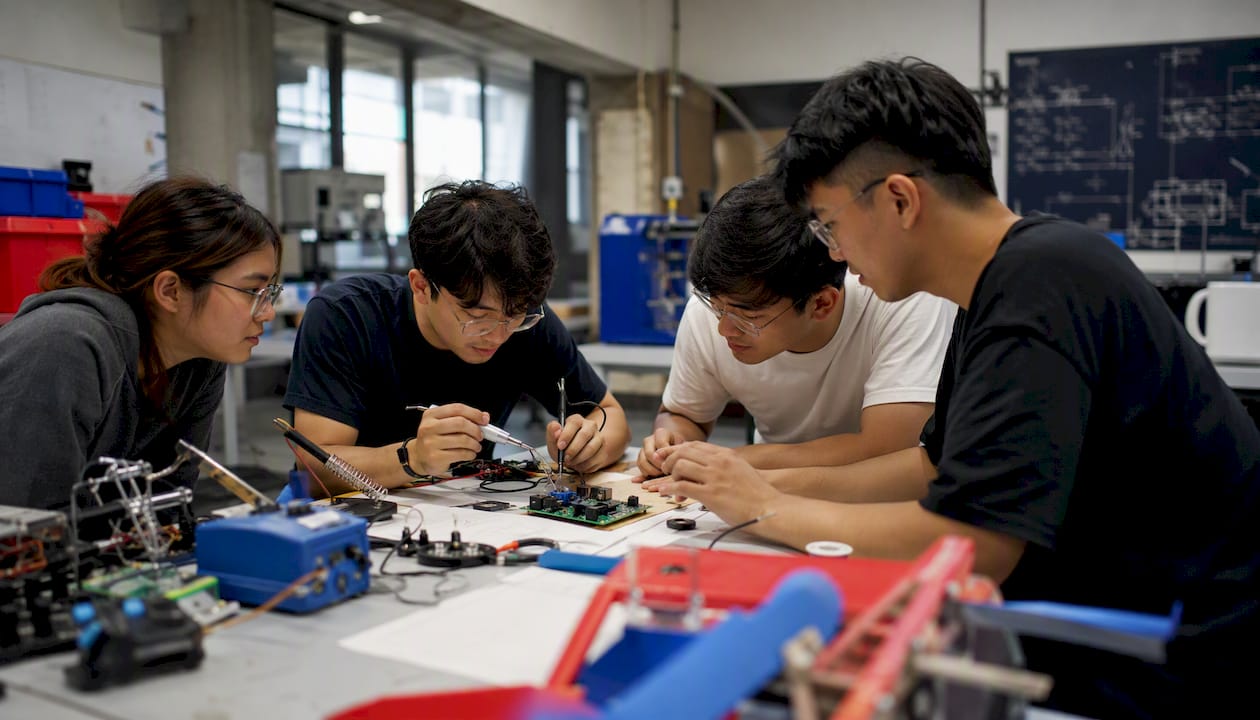 Hands assembling engineering circuit board