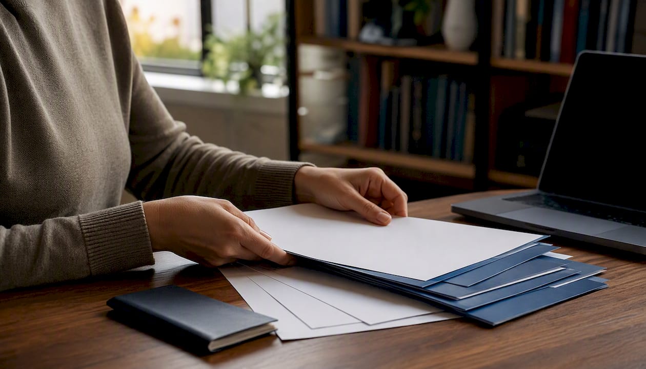 Hands sorting visa application folders on desk