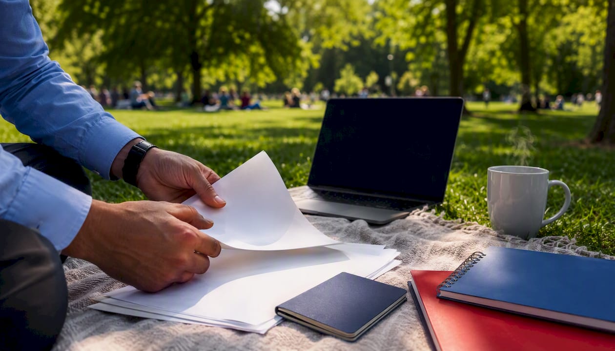 Hands organizing visa documents and passport