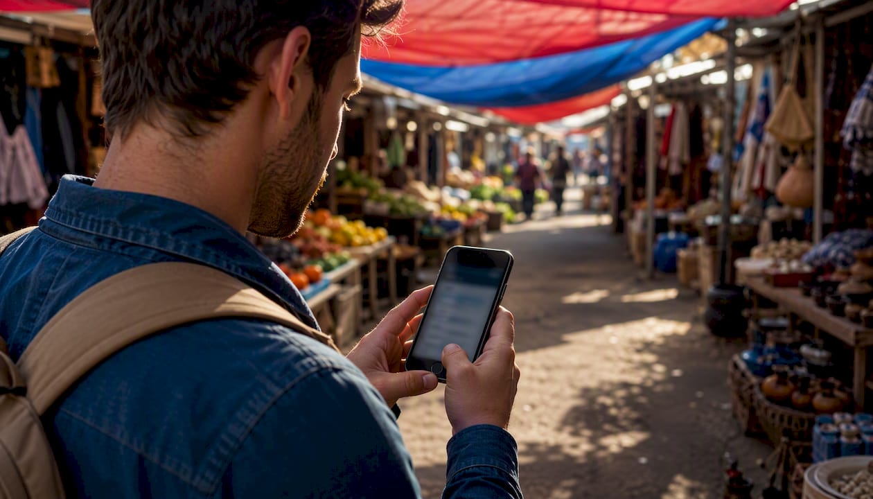 Traveler checking itinerary on phone outdoors