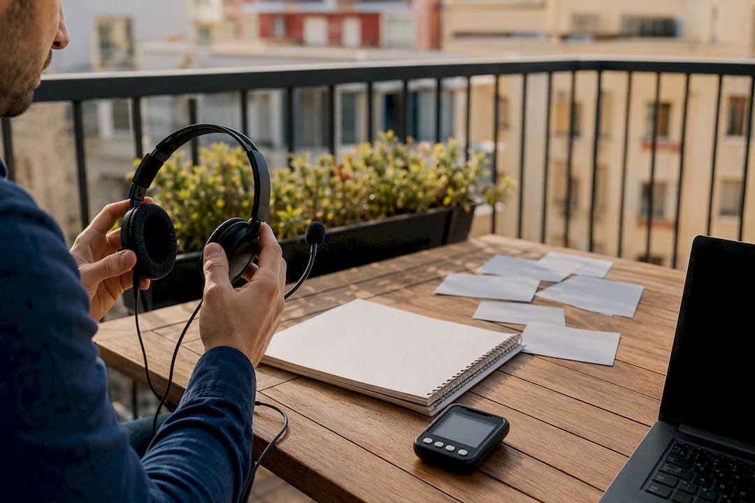 Hands setting up headset for language test practice