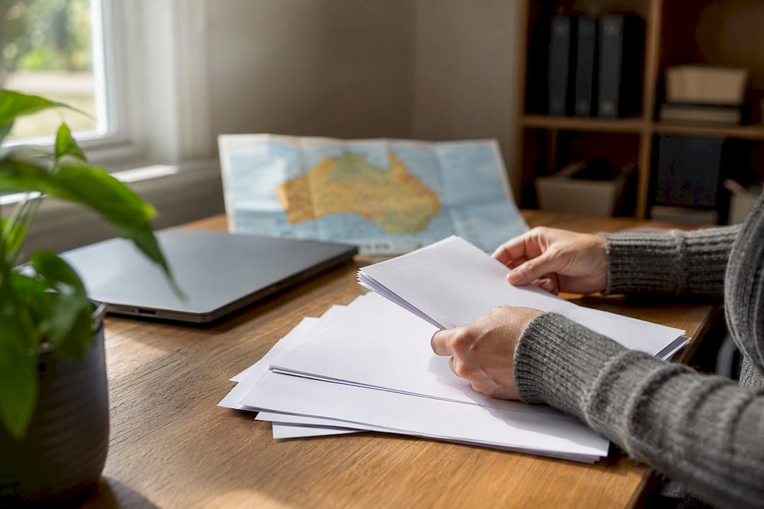 Flat lay of migration paperwork and regional map