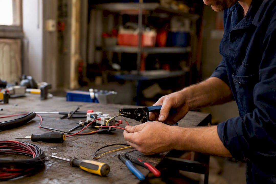 Hands wiring electrical components in workshop