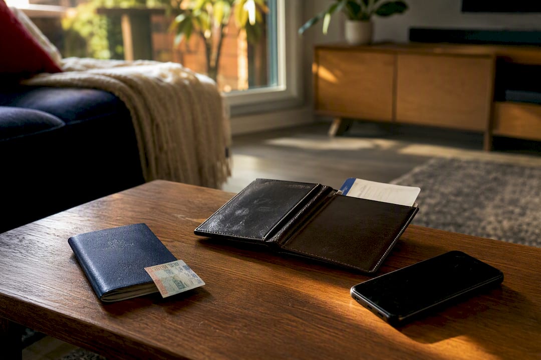Visa and travel items on desk