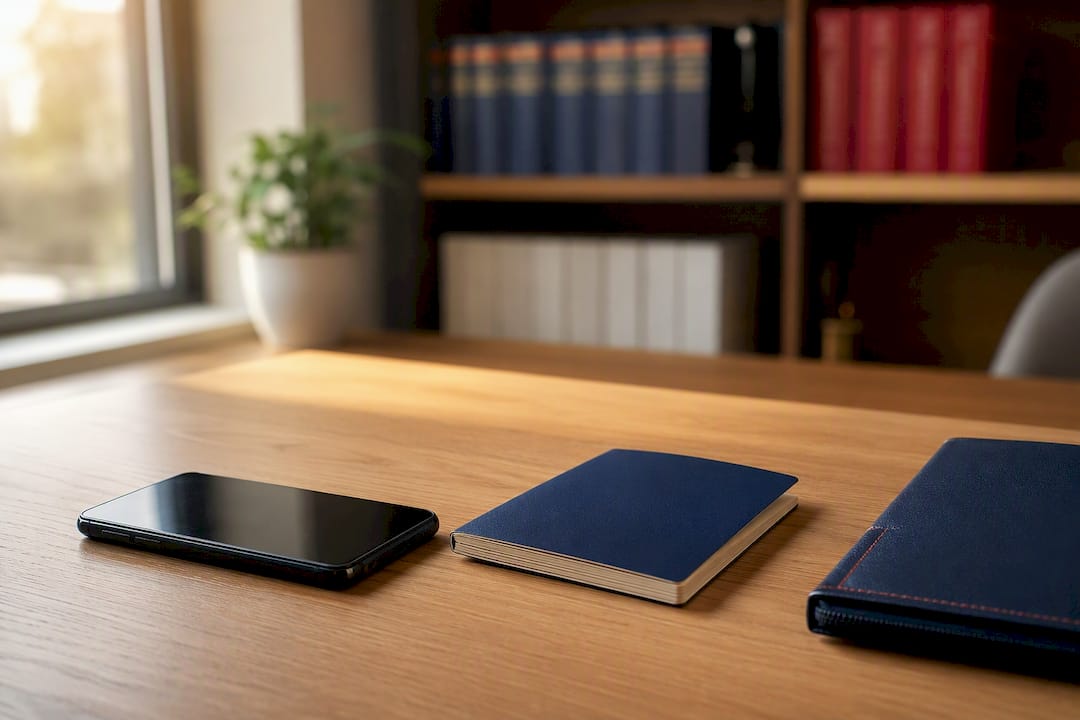 Travel wallet and passport on table