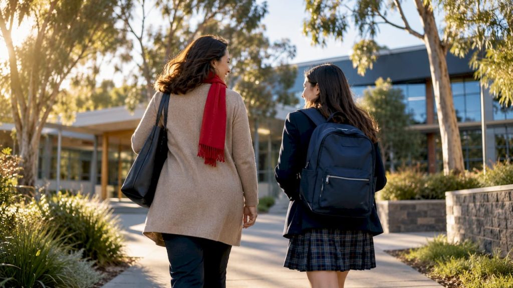 Parent and student walking across Australian campus