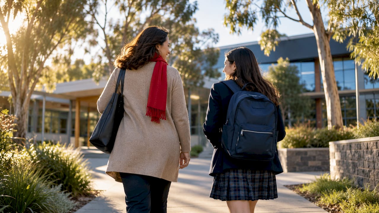 Parent and student walking across Australian campus