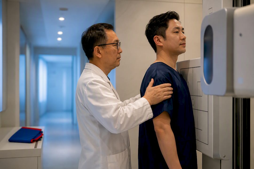 Applicant undergoing chest x-ray examination