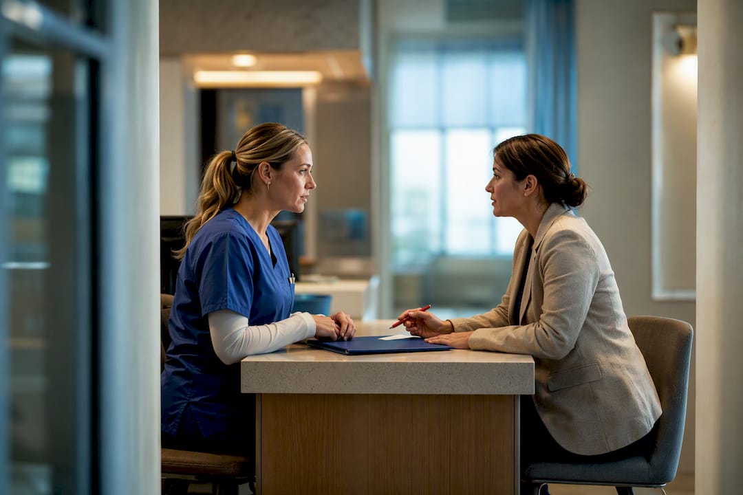 Nurse and social worker coordinating hospital discharge