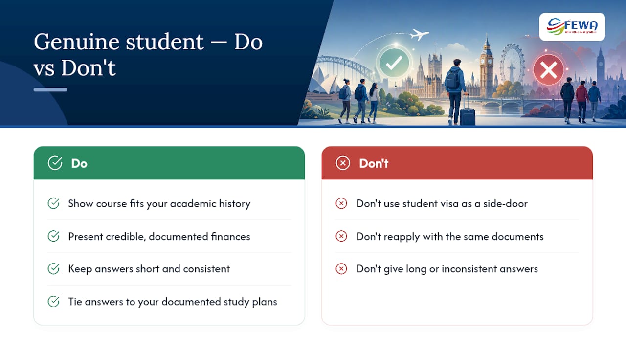 Genuine student requirement, interviews and refusal risks — overview diagram