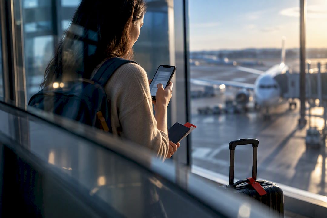 Traveller checking visa status at airport gate