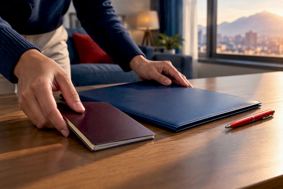 Applicant arranging passport and visa folder