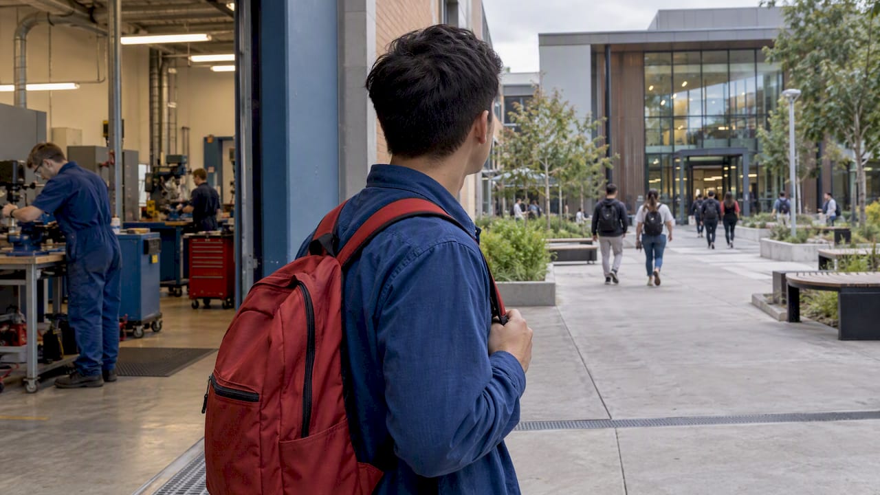Student comparing TAFE and university pathways