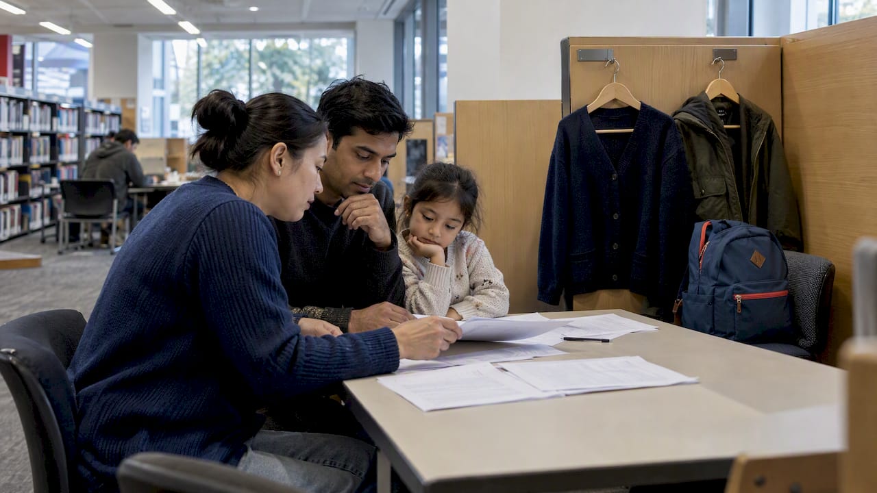 Student and family reviewing dependant visa papers