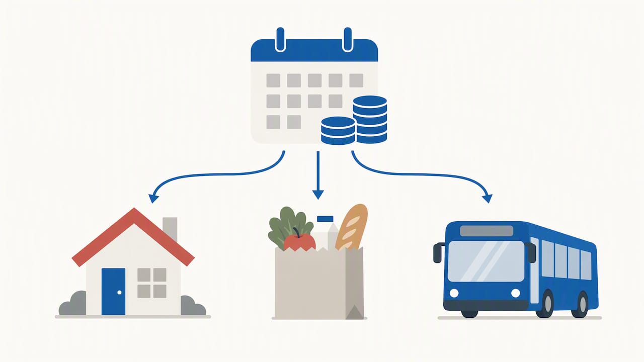 Monthly budget divided among rent, food, transport