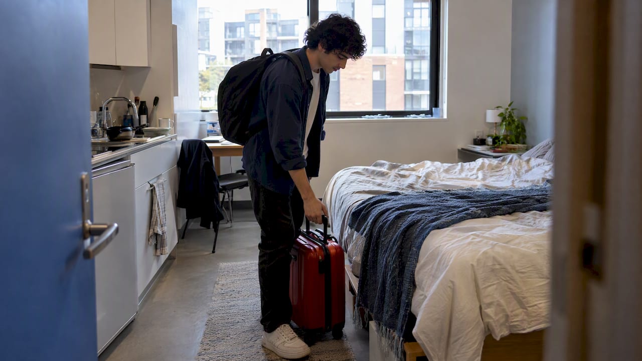 Student arriving at a temporary Sydney studio
