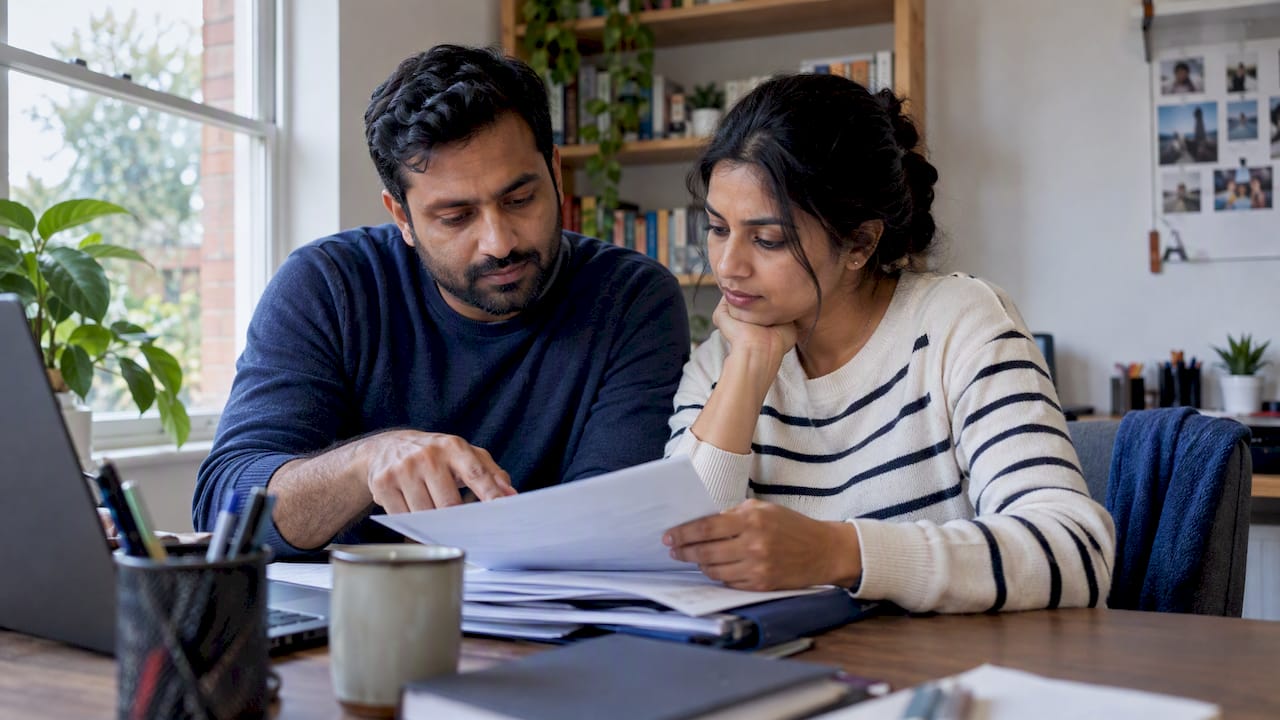 Couple checking Medicare enrolment paperwork at home